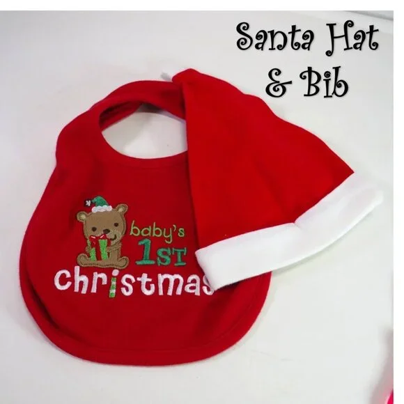 Baby my first Christmas bib and Santa hat Cotton Embroidered
