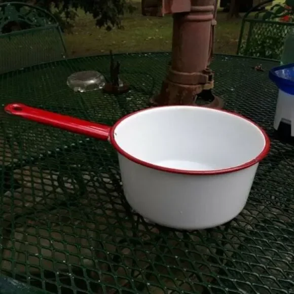 Rustic Red and White Enamelware Sauce Pan with Handle 2 qt.