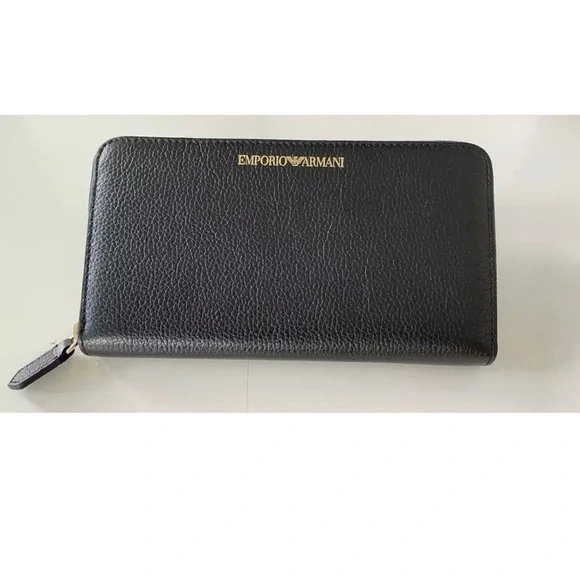 Emporio Armani Black Leather Zip Around Wallet Unisex Cervo Pebbled‎ Organizer