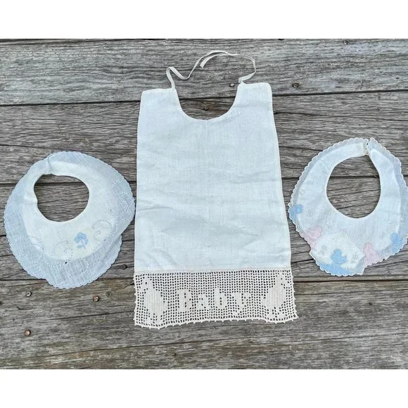Antique 1930s Baby Bib Lot Linen crochet Lace Embroidery