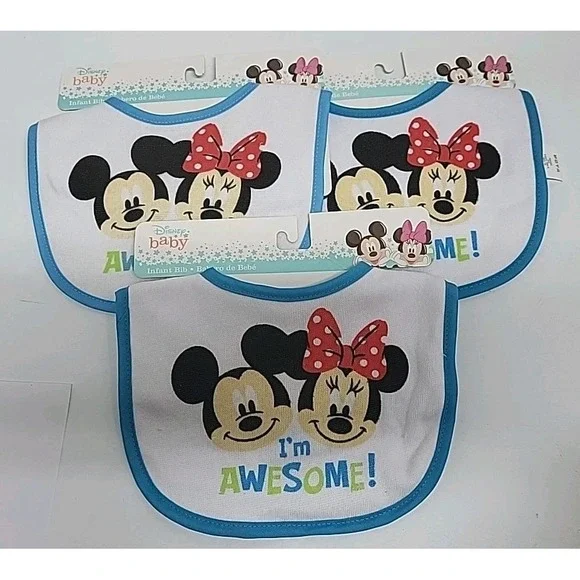 Mickey Minnie Mouse Terry Infant Baby Bibs‎ Blue I'm Awesome Lot of 3  NWT