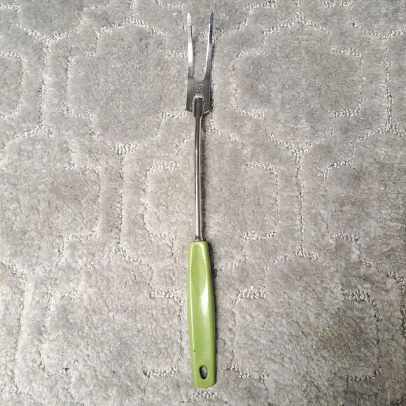 Vintage Foley Meat Serving Fork Chrome Plated USA AVOCADO Plastic Handle MCM 12