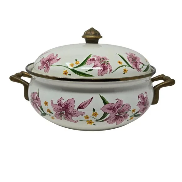 Vintage Normandy Taiwan Lily Floral Enamelware Casserole Dish With Lid & Brass H