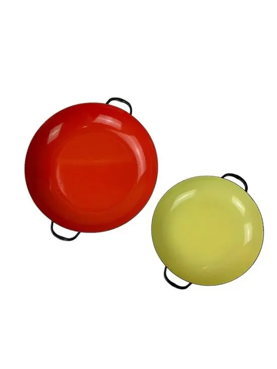 Vintage MCM Lantoni Sizzling Servers Red and Yellow Enamel Set Italy