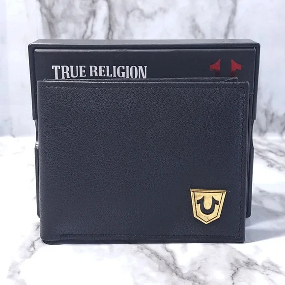 True Religion Men's Leather Bifold Wallet Black With Desk Valet RFID‎ Protection