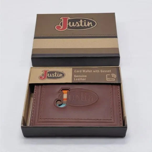 Justin Genuine Leather Card Wallet with Gusset Brown Western Logo Gift Boxed