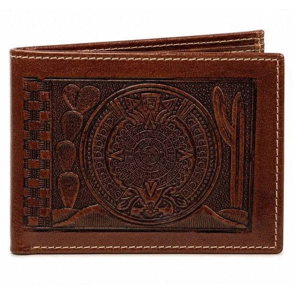 NEW Handmade Leather Aztec Calendar Bifold Wallet Western Cowboy Tooled Brown