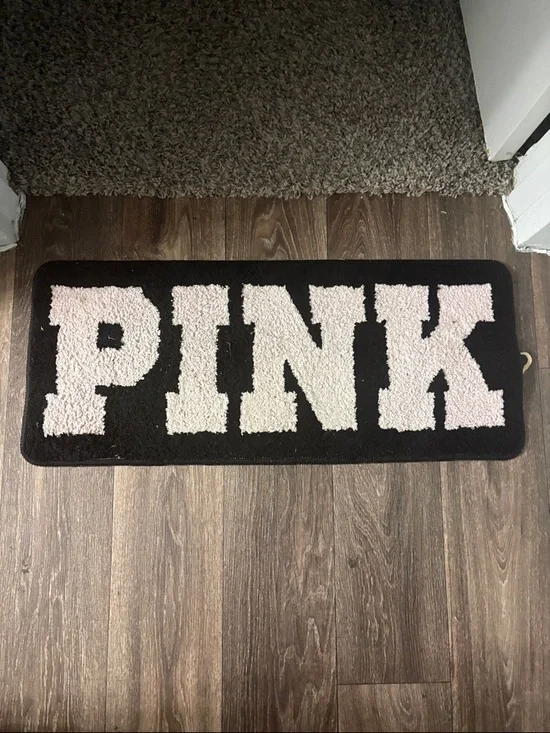 PINK Victoria's Secret Black Doormat with Light Pink Lettering
