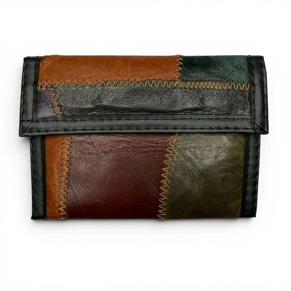NWOT Vintage Leather Stitched Patchwork Wallet Rare Hook And Loop Made In Korea