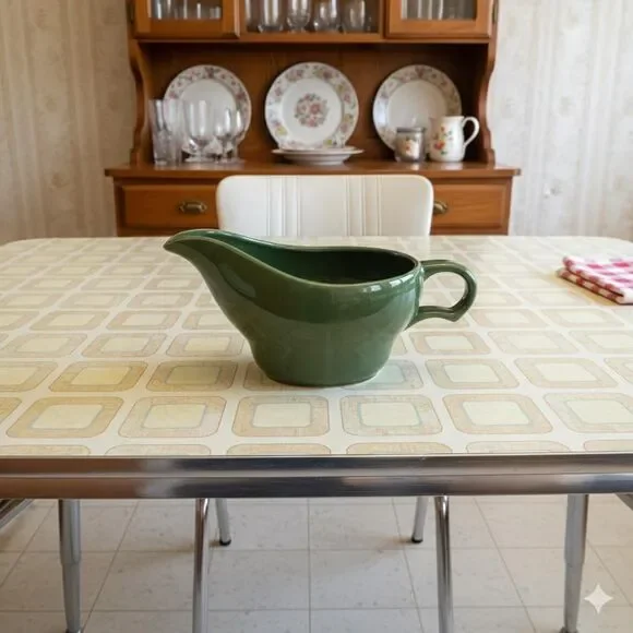 Vintage Green Ceramic Gravy Boat | Mid-Century Farmhouse Serving Dish