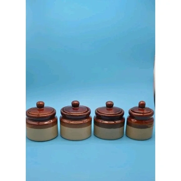 4 Brown & Tan Stoneware Crocks 3 Tone Jars with Lids 2.75