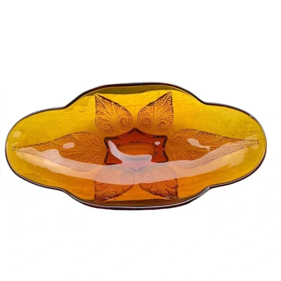 Vintage Anchor Hocking Renaissance Gold Amber Pressed Leaf Relish Dish! 10x5x3