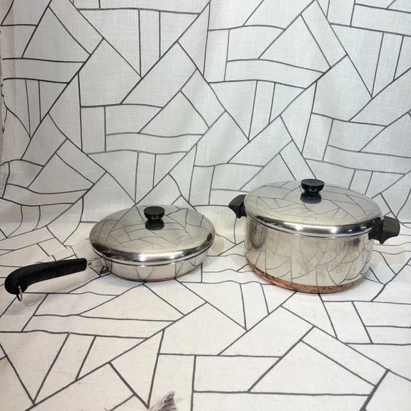 Revere Ware Copper Bottom Cookware 6 Qt Pot 10 in Skillet Silver Vintage Set