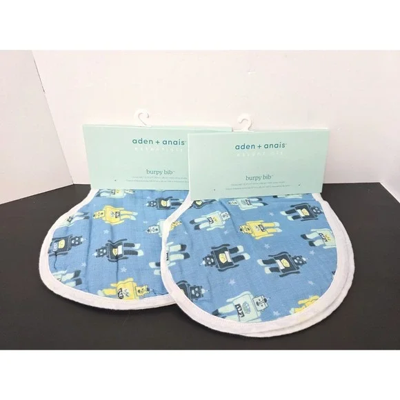 NWT Aden + And Anais Burpy Bibs blue robot x2
