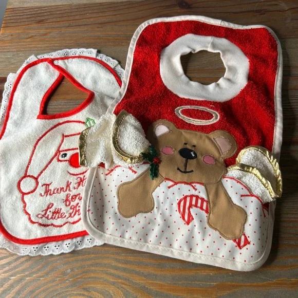 Vintage Christmas Baby Bibs Set Santa Angel Teddy Bear Terry‎ Cloth