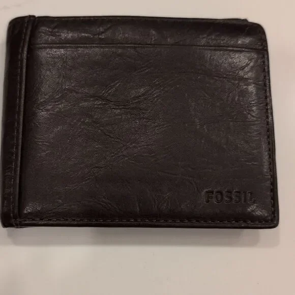 Fossil Men's Dark Brown Leather Bi-fold Wallet Card Holder with Flip ID