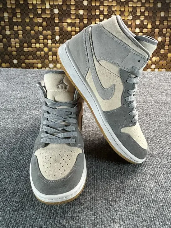 Air Jordan 1 Mid SE Grey Fog Coconut Milk Canvas Suede Men's Size 8