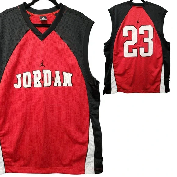 Vintage Nike Air‎ Jordan Spellout Jersey Mens XXL Red Black Mesh #23 Back Hit