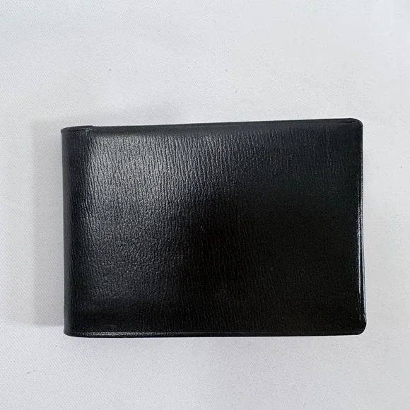 Bifold Wallet Black Cowhide Leather Red Striped Lining Slim Card Holder‎