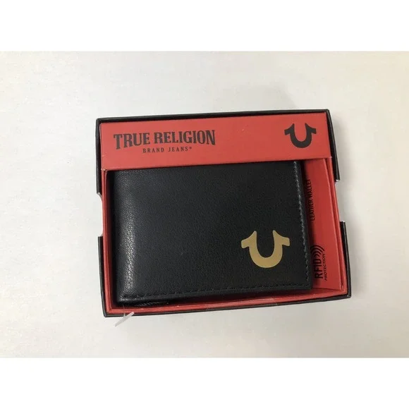 NEW True Religion Black Leather Bifold Wallet Men Gold Logo Box