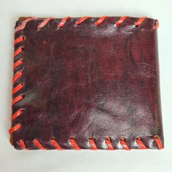 Handmade Bifold Leather Wallet Burgundy Red Contrast Stitching‎ Rustic Primitive