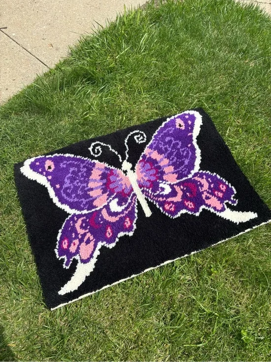 Vintage handmade purple butterfly latchook Purple & Pink Butterfly Accent Rug