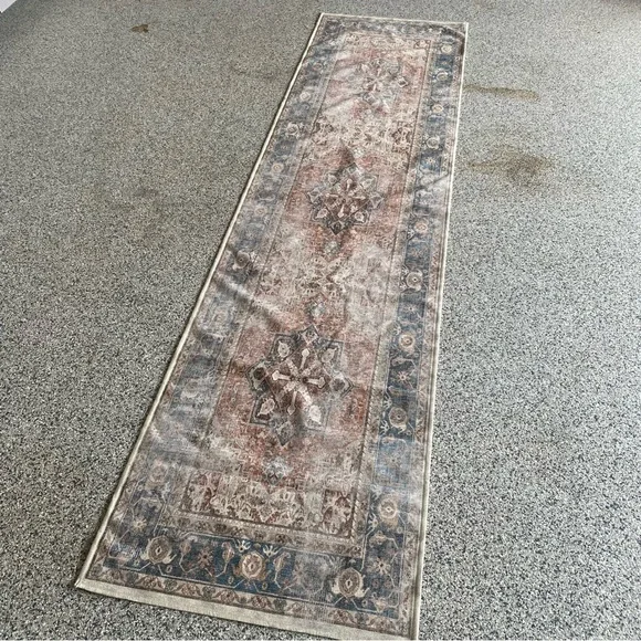 Ruggable Vintage-Inspired Blue and Rust Runner Rug - 2.5 x 10, no pad, cover