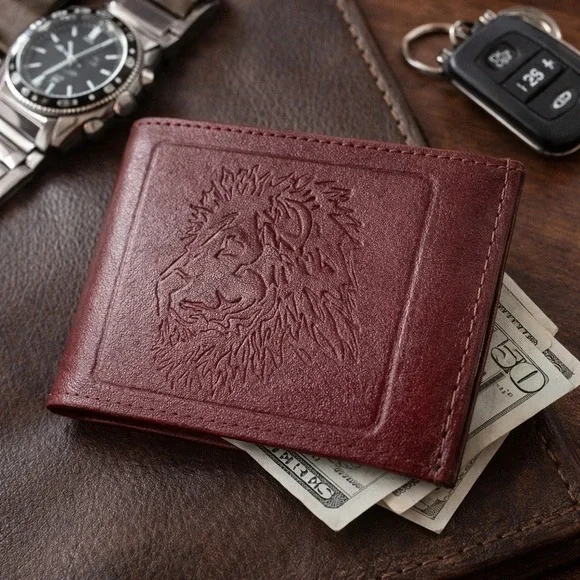 Men's Red‎ Leather Wallet with Lion Embossed Design Bi-Fold ID Holder