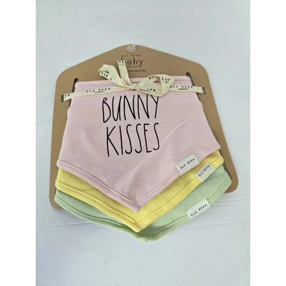 Rae Dunn  Baby Bib Set Bunny Kisses NEW set of 3 Bandana Bibs pink Spring