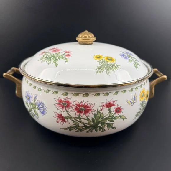 Vintage Regency Club Enamel Dutch Oven Floral Butterfly Brass Handles 10