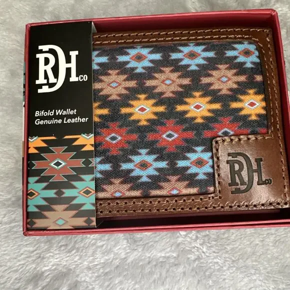 Red Dirt Hat Co Bifold‎ Wallet Leather Southwest Aztec Canvas Inlay Bison Grain