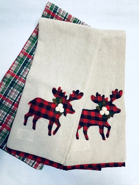 3 pc Kitchen towel dish towel set  Christmas reindeer Buffalo plaid embroidered