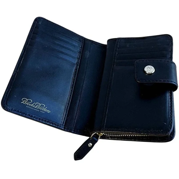 Vintage Brooks Brothers Men's Black Leather Tri Fold Wallet Zip Coin Pocket‎
