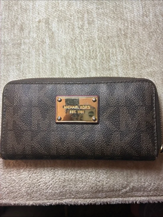 Michael Kors Dark Brown Monogram Zip Wallet with Gold Plate