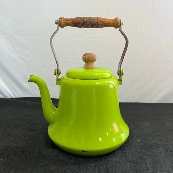 Vintage Lime Green Enamel Tea Kettle Retro Mid Century Wood Handle Teapot 910