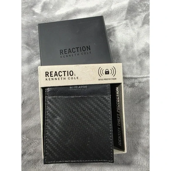 Kenneth Cole Reaction Wallet Black Slimfold Carbon Fiber RFID‎ Protection NEW