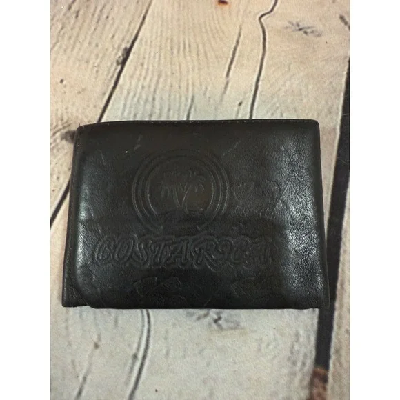 Costa‎ Rica Black Leather Wallet Palm Tree Travel Souvenir Bi-Fold