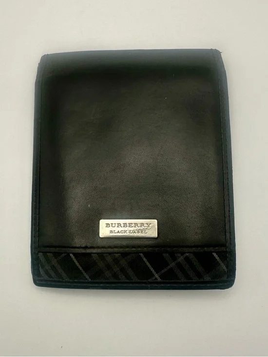 Burberry Black Leather Wallet Bifold Plaid Check Folding Card Coin Black Label