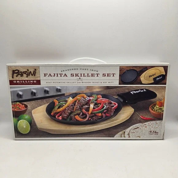 Parini Fajita Skillet‎ Set Unisex Black Cast Iron 3pc Grilling Set New In Box