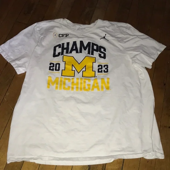 Jordan White Michigan Wolverines Champs Graphic Tee - Navy & Maize