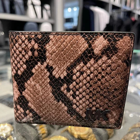 MICHAEL KORS Cyrus Snake Embossed Billfold Wallet With Coin Pouch Driftwood NWT