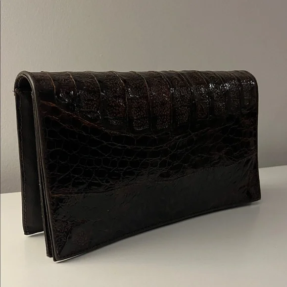 Elegant Brown Crocodile-Embossed Clutch