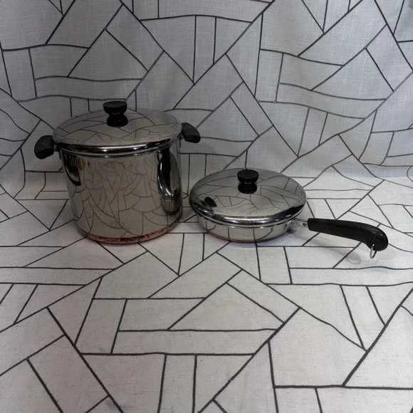 Revere Ware Cookware Set 9in 6qt Silver Copper Bottom Skillet Stock Pot 4pc