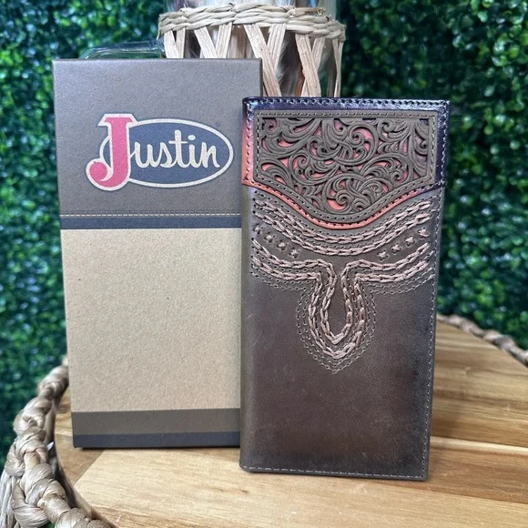 Justin Boots Brown Leather tooled rodeo‎ Wallet nwt