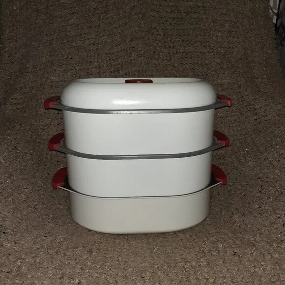 Vintage TOURNUS France-3 Level Steamer-Stove Top-White/Red-Excellent-Rare