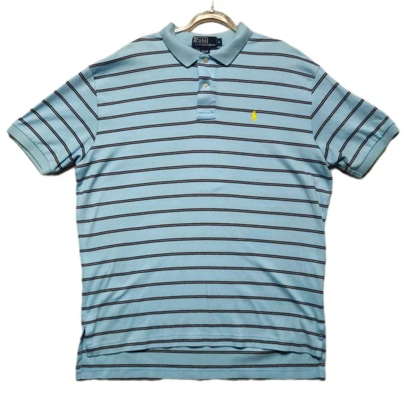 POLO RALPH LAUREN Polo Shirt Mens Large Blue Stripe Pony‎ Logo Cotton Classic