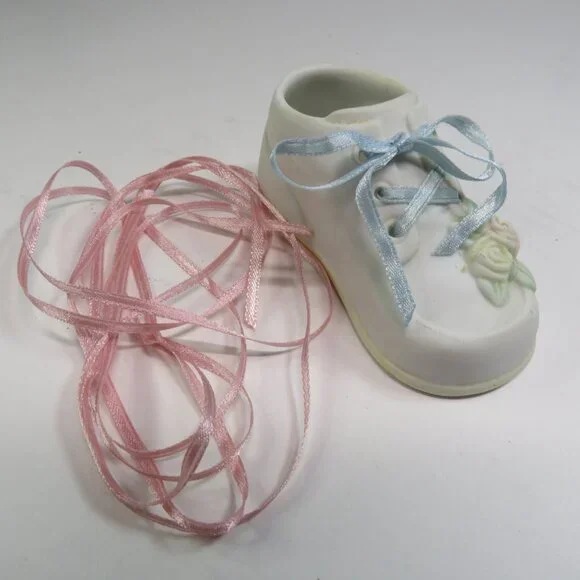 Porcelain Baby Shoe with Pink / Blue Ribbon Boy or Girl Gift