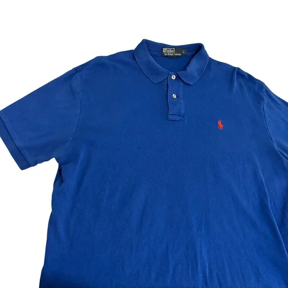 Polo Ralph Lauren Polo Shirt Mens L Blue Short Sleeve Orange Pony Logo Preppy