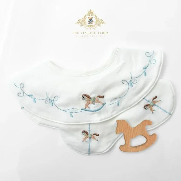 NWT Lovely Boutique Embroidered Baby Bibs Rocking /Carousel Horse & Toy Gift Set
