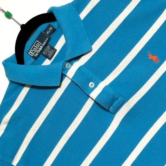 Polo Ralph Lauren Mens XL‎ Mesh Blue & White Striped Polo Shirt Excellent